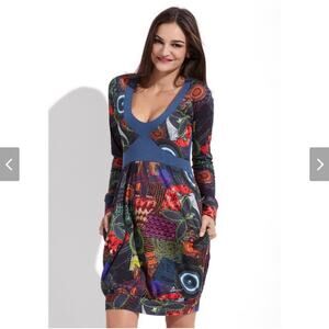 Desigual Babydoll Y2K Printed Mini Bodycon Dress Long Sleeve Women’s L Stretch